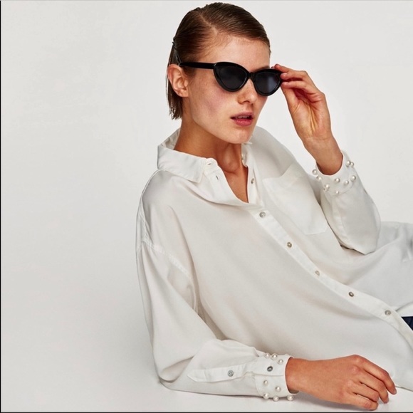 NWT Zara Lyocell Pearl Cuff Button Down Shirt M - Picture 3 of 10